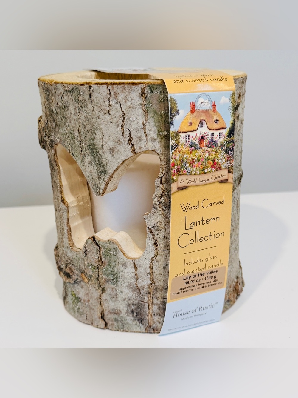 NEW Wood Carved Candle Lantern Holder - Natural Bark Finish